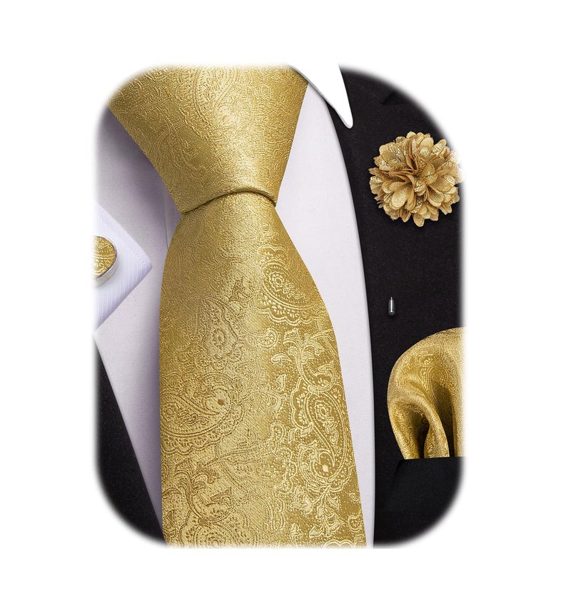 Dubulle Mens Tie and Lapel Pin Gold Paisley Striped Floral Necktie for Men Pocket Square Cufflinks Wedding Party - Image 1
